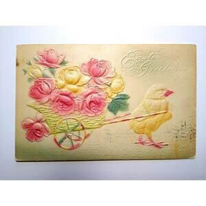 Easter Postcard Raised Image Baby Chick Fantasy Cart 1909 Airbrushed P Sanders